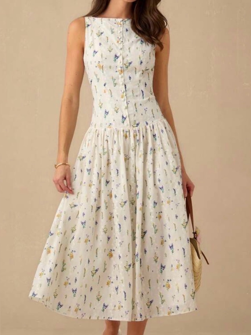 White Midi Dress with Yellow & Blue Floral Print